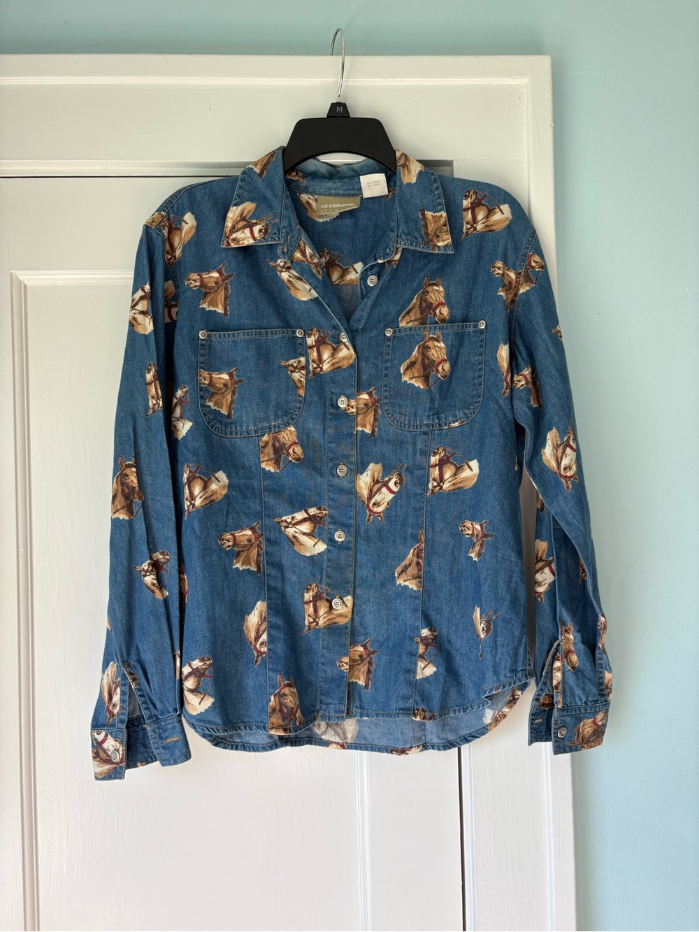 Vtg 90s Liz Claiborne Denim Horse Print Button Up Shirt Chambray Western Cowboy